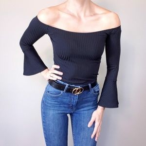 Pull&Bear Ribbed Scoop Neck Bell Sleeve Top